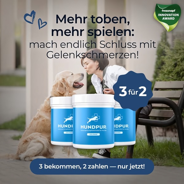 A square ad creative featuring a dog and owner, promoting a buy 3 for 2 offer on a joint supplement, with an emphasis on health benefits.